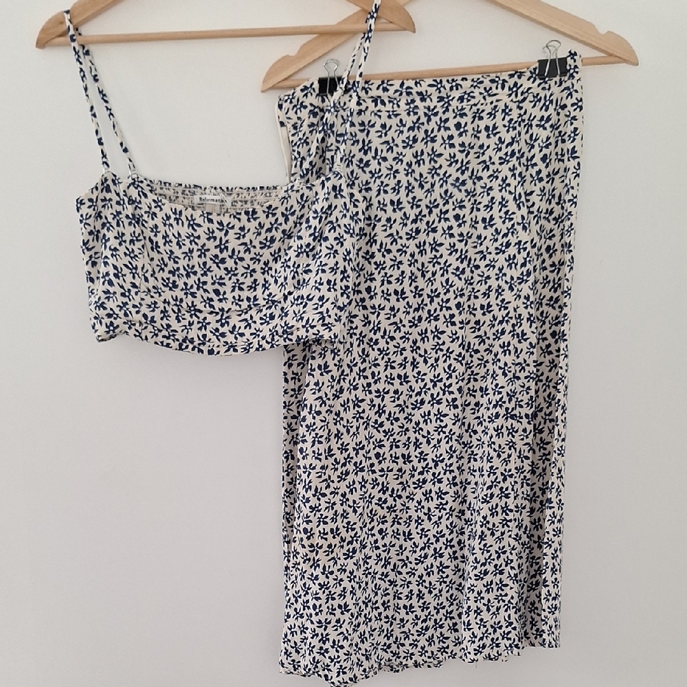 Reformation Navy and White Floral Skirt Set